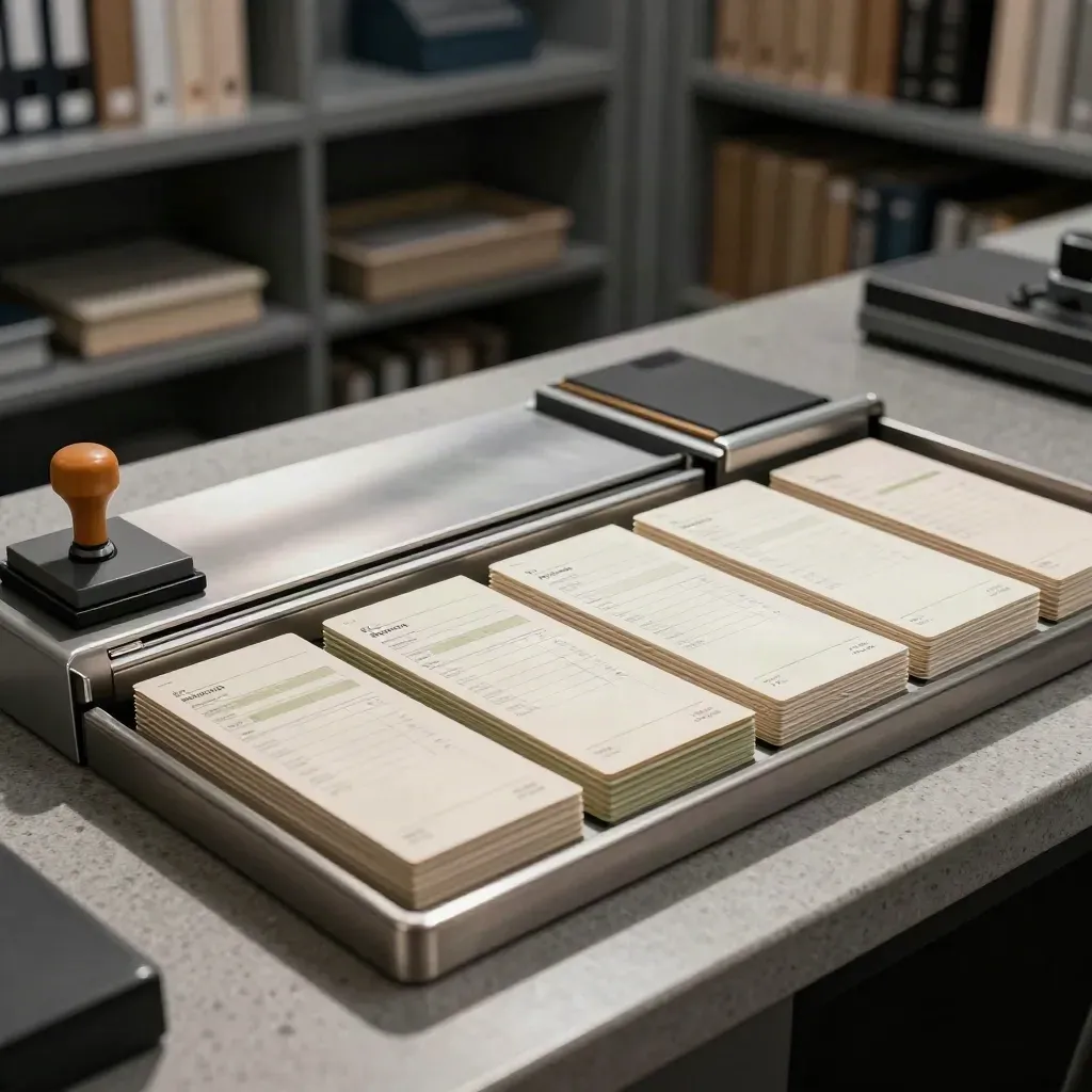 Invoice validation station with aligned cards, stamp pad, and metal tray in moody light.