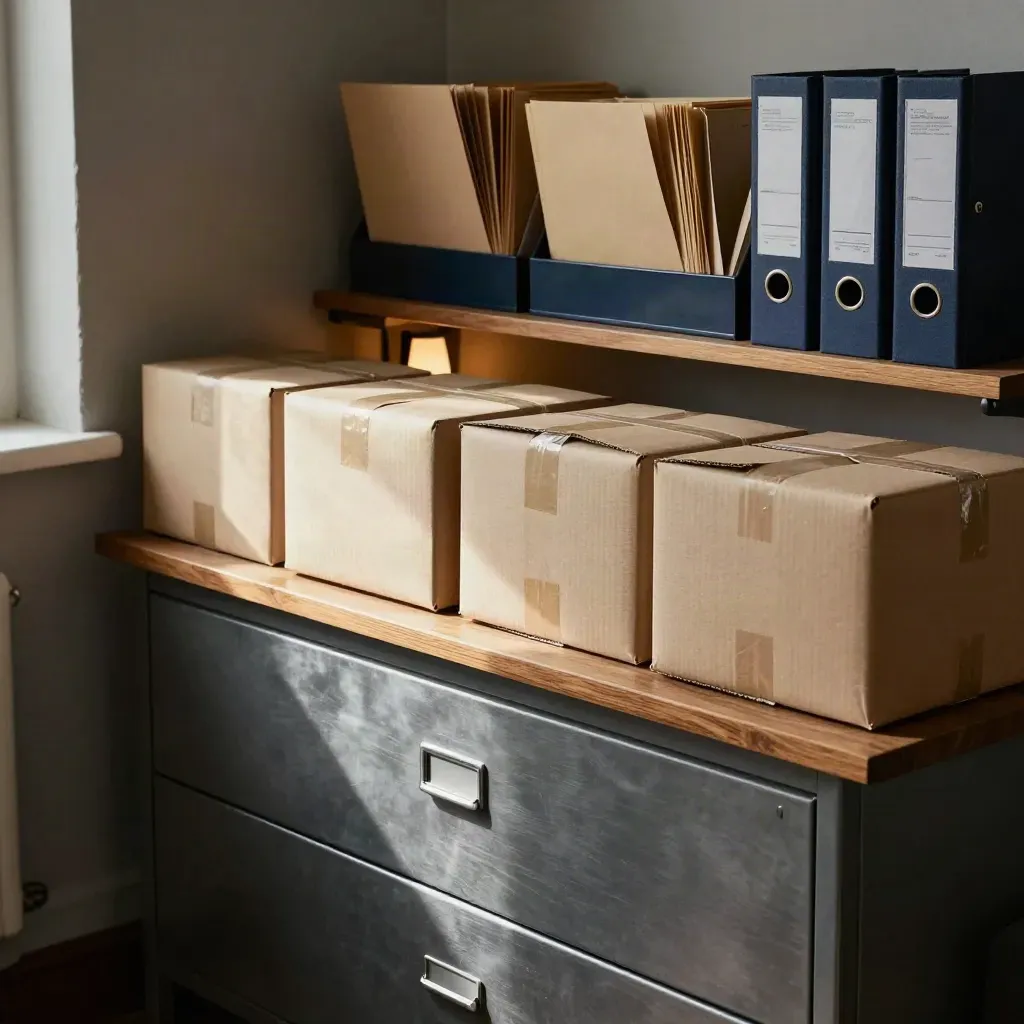 VAT packing bench with parcels, archive drawer and audit folders in warm window light