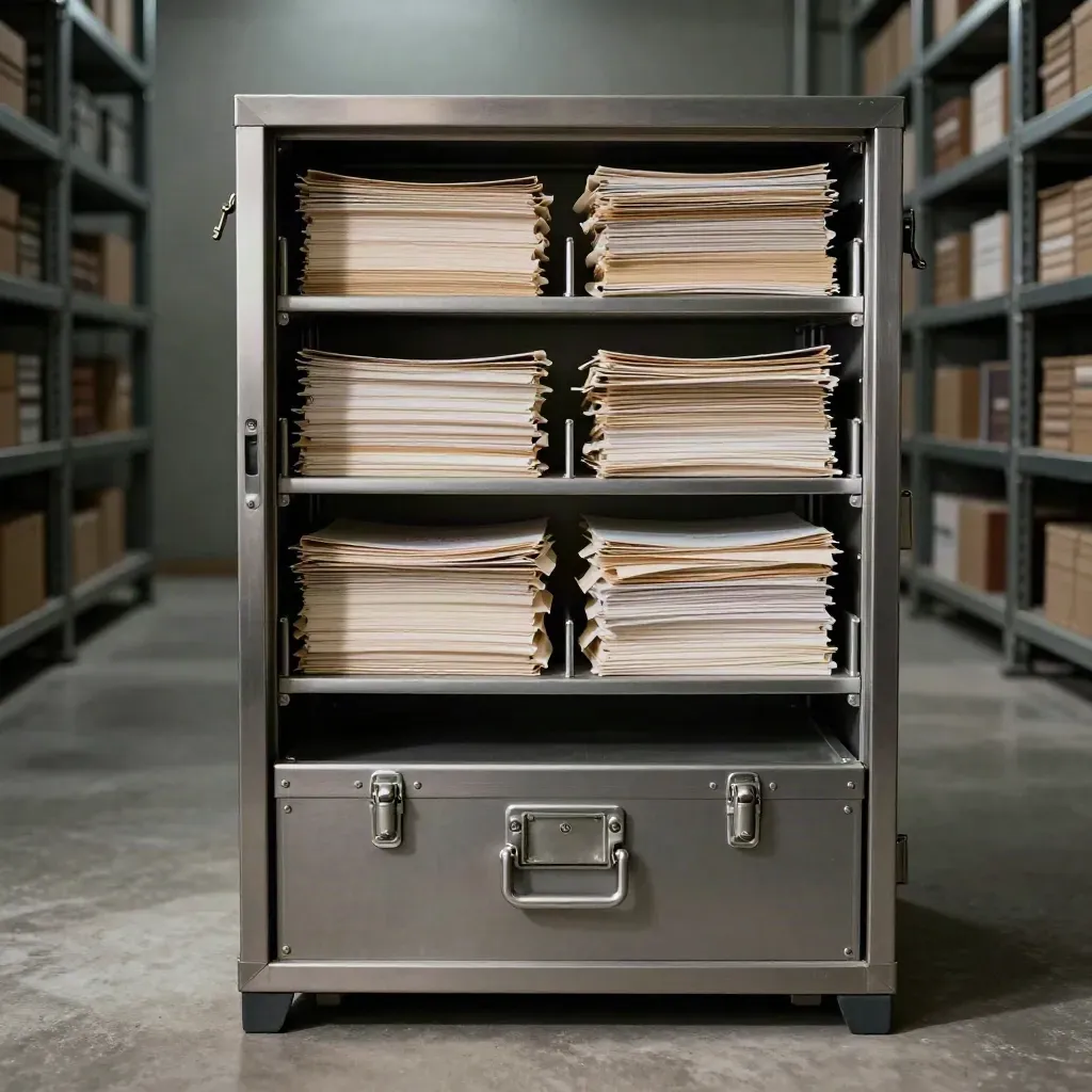 Sealed archive cabinet with evidence packs and a dispatch case in a dim records vault.
