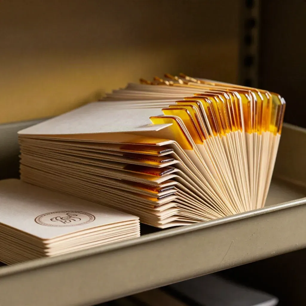 Amber recovery tabs fanned beside a folded sealed case in a warm archive tray.