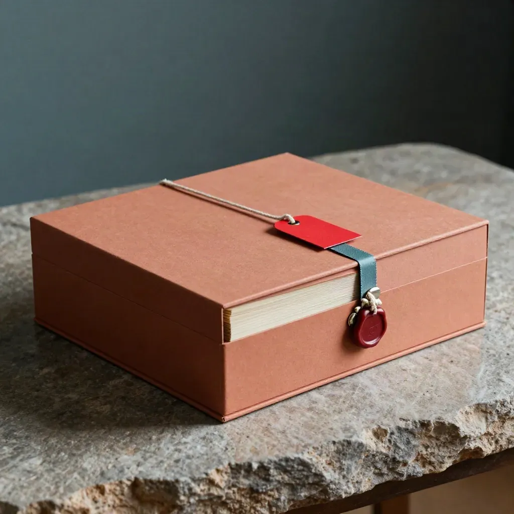 Audit evidence box with red tamper tag and teal cord bundle on terracotta stone.
