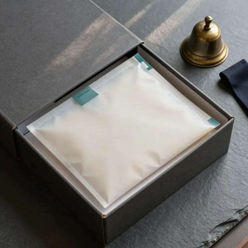 Overhead flatlay of a file box, sealed packet sleeve, and dispatch bell on slate.