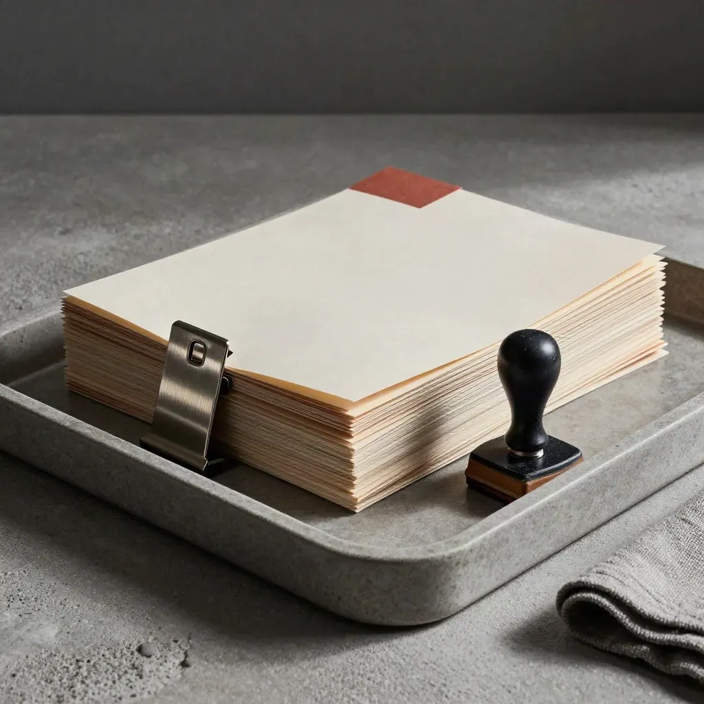 VAT follow-up tray with tab, archive clip and rubber stamp on stone