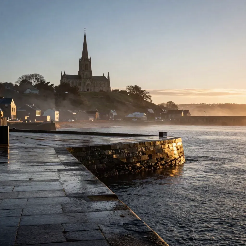 Cathedral over a storm-cleared waterfront at golden hour, wet quay stone and hazy harbour light