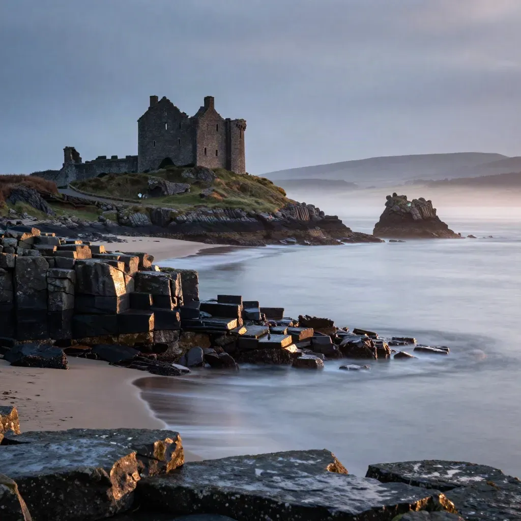 Blue-hour slate coast with a distant castle silhouette and misty lowlands over Scotland and Wales.