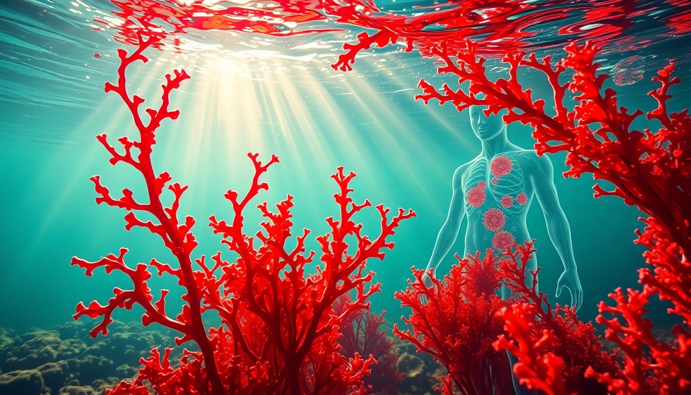 Exploring astaxanthin for immune support through vibrant seaweed and immune cells visualization.