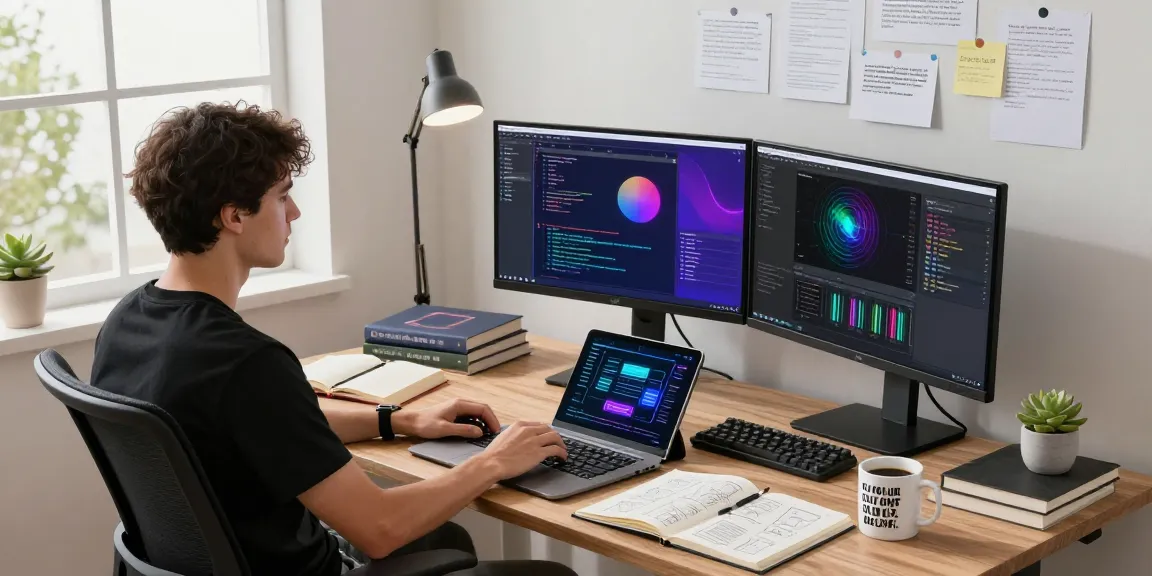 Open claw skill development workspace with multiple monitors and design elements.