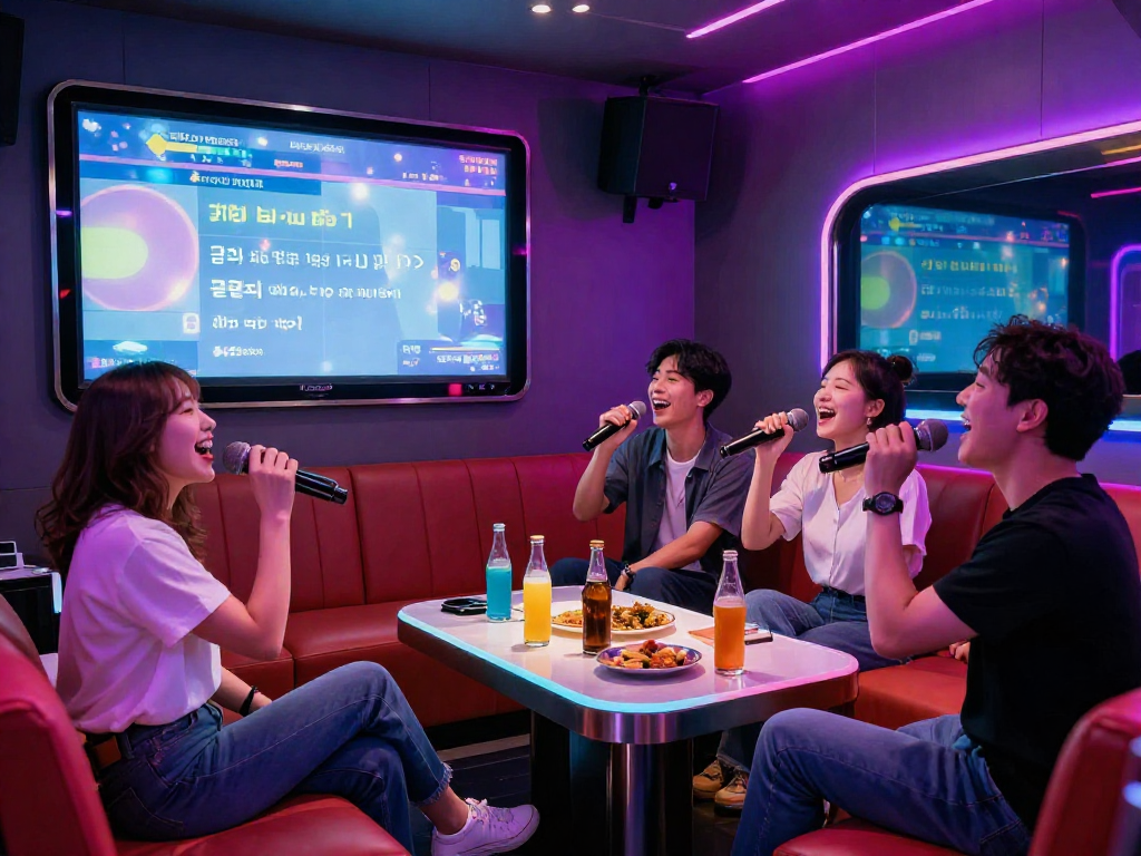 강남 달토에서 친구들과 즐겁게 노래하는 모습, 화려한 조명과 대형 스크린이 돋보이는 가라오케 룸