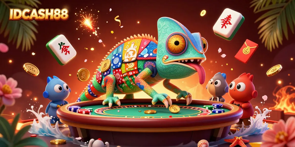 Experience the dynamic world of IDCASH88 with colorful 3D illustration showcasing casino elements and vibrant chameleon.