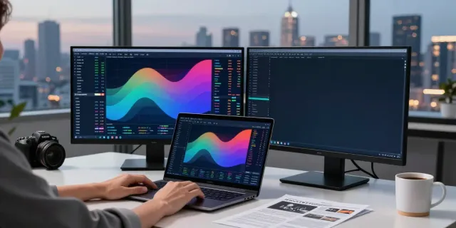 Financial analyst engaging with MetaTrader 5 on dual monitors in a modern office.