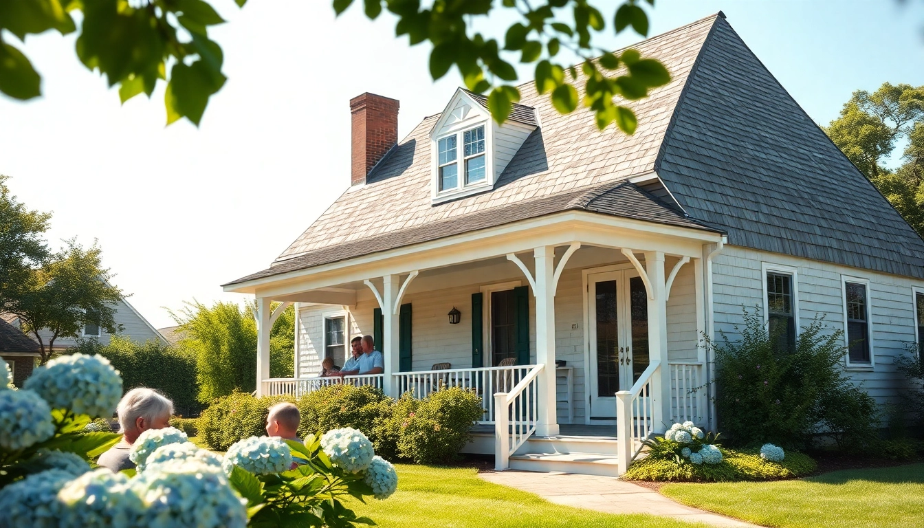 Showcase a beautiful Cape Cod home with a family on the porch amidst lush gardens.
