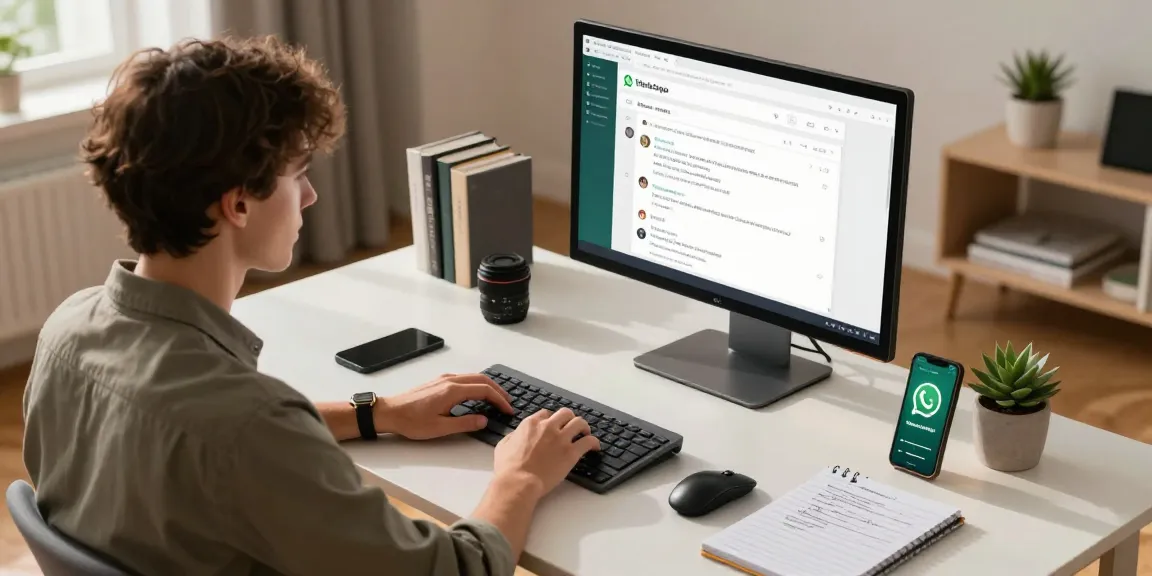 Young professional using WhatsApp網頁版 on laptop in a modern home office