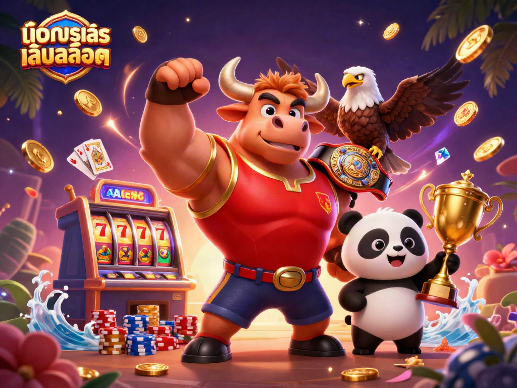 Experience ทดลองเล่นสล็อต in a vibrant casino scene with a muscular bull, eagle, and panda amidst casino treasures.