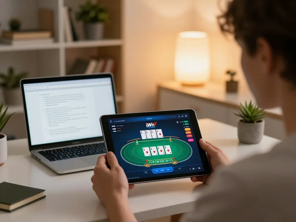 Play poker on iWin app from a cozy home office, showcasing the gaming interface and strategy notes.