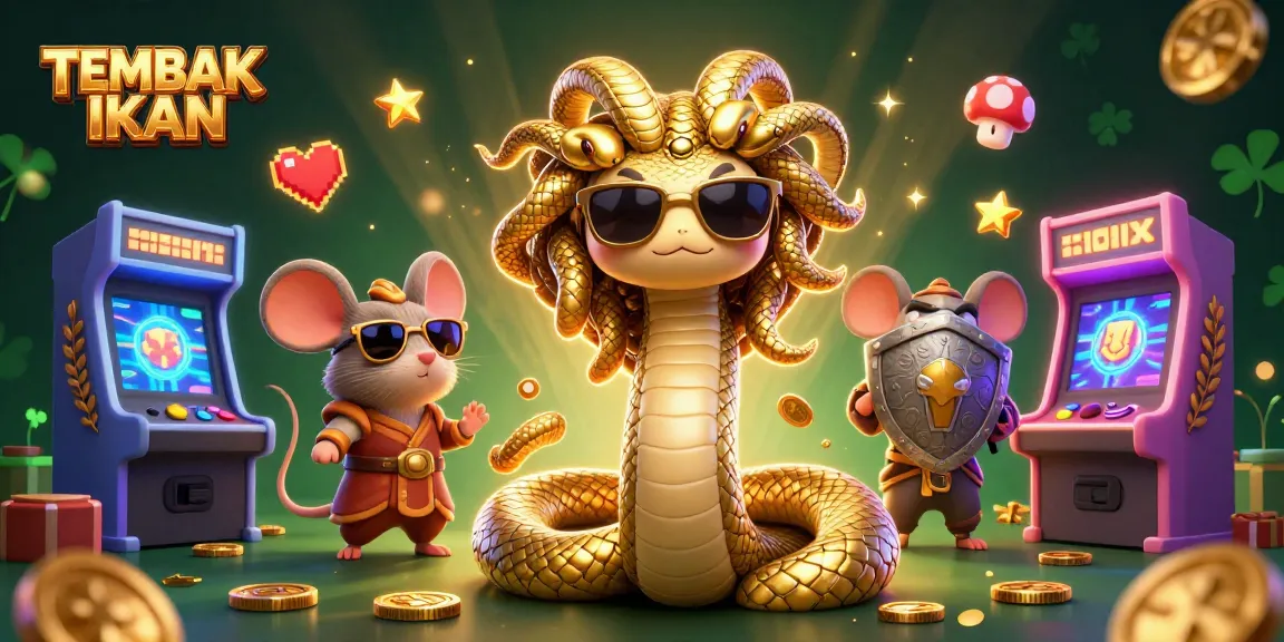 Engage in the vibrant TEMBAK IKAN scene featuring a friendly Medusa and arcade elements.