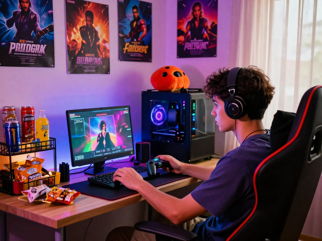 Intensely focused player enjoying a sex game in a vibrant gaming room.