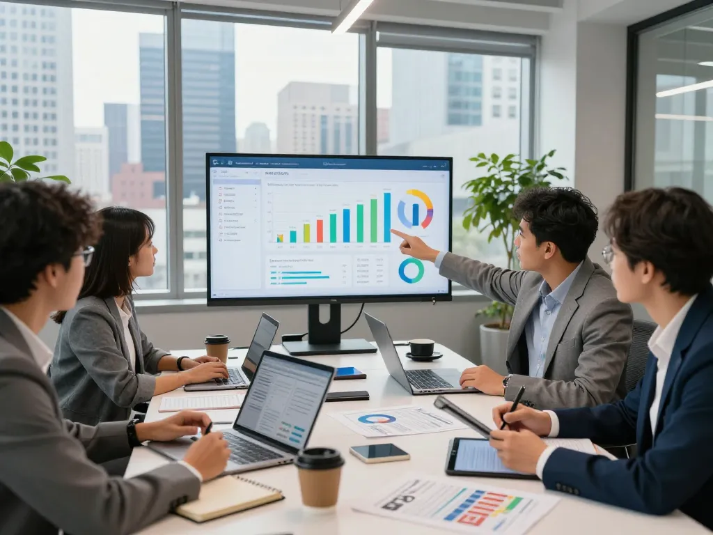 Team collaborating in an SEO Company in NYC, analyzing data visualizations and discussing strategies for client growth.