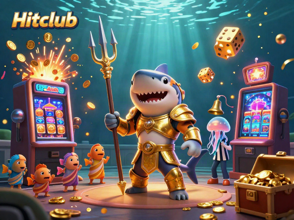 Hitclub features an underwater colosseum with a tiger shark, slot machine, and vibrant casino elements.