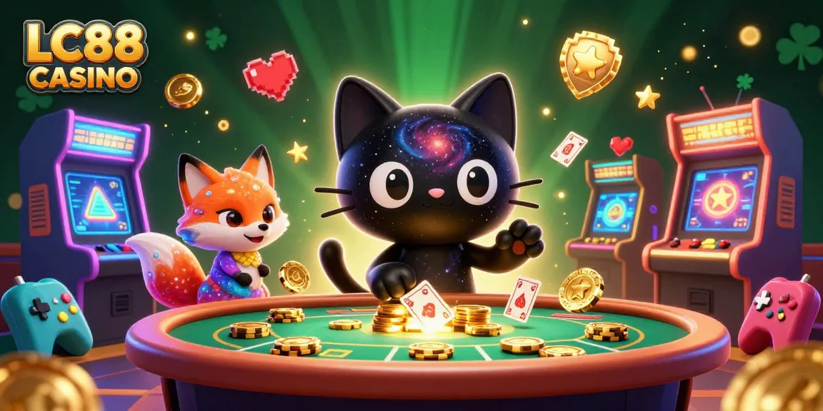 Engage in thrilling action at the LC88 CASINO with a vibrant cosmic scene featuring a black hole cat and colorful gameplay elements.