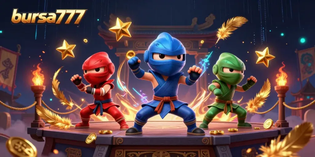 Mainkan slot di bursa777 dengan berbagai simbol emas dan efek menarik dalam ilustrasi 3D.