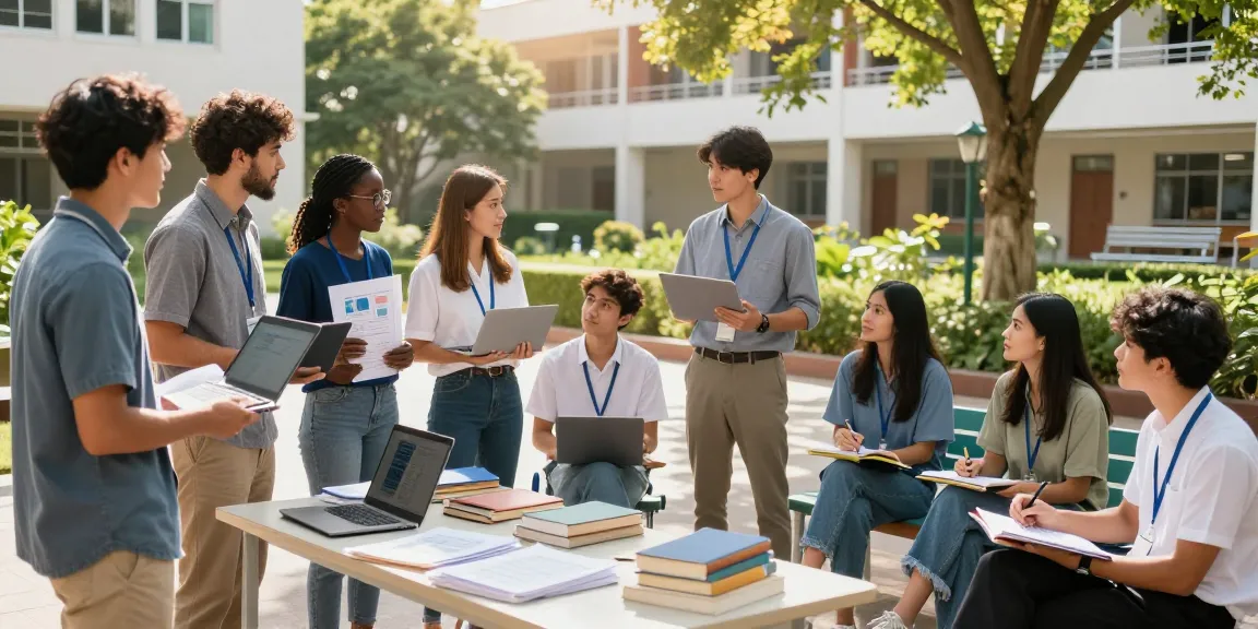 University and trade schools graduates collaborating in bright campus setting, showcasing diverse skills and lively environment.