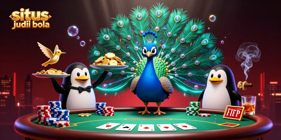 Experience exciting situs judi bola action with a colorful peacock, penguin, and hummingbird in a vibrant casino scene.