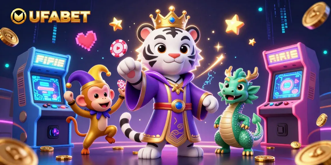 Experience UFABET's vibrant gaming world with a lively tiger, monkey, and dragon amidst rich casino elements.