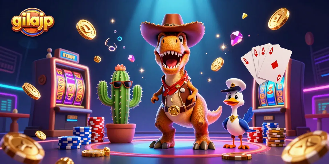 Spin the reels with gilajp's vibrant casino scene featuring T-Rex, cactus, and roadrunner amidst golden coins.
