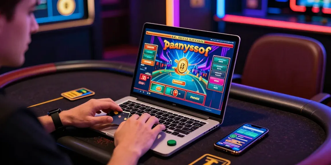 Paysafe Card Casino-Szene mit einem Spieler, der mit einem Laptop und einem mobilen Gerät online spielt, lebendige Grafiken und eine entspannte Atmosphäre.