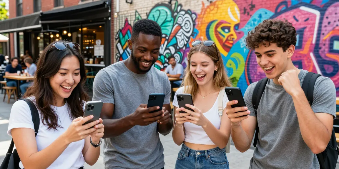 Group comparing photos of themselves with look alikes of famous people in a lively urban setting.
