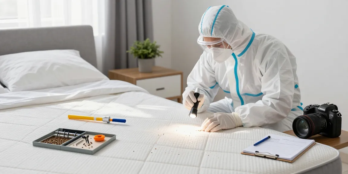 Expert inspecting for bed bug removal in a bright bedroom environment, showcasing professional pest control techniques and equipment.