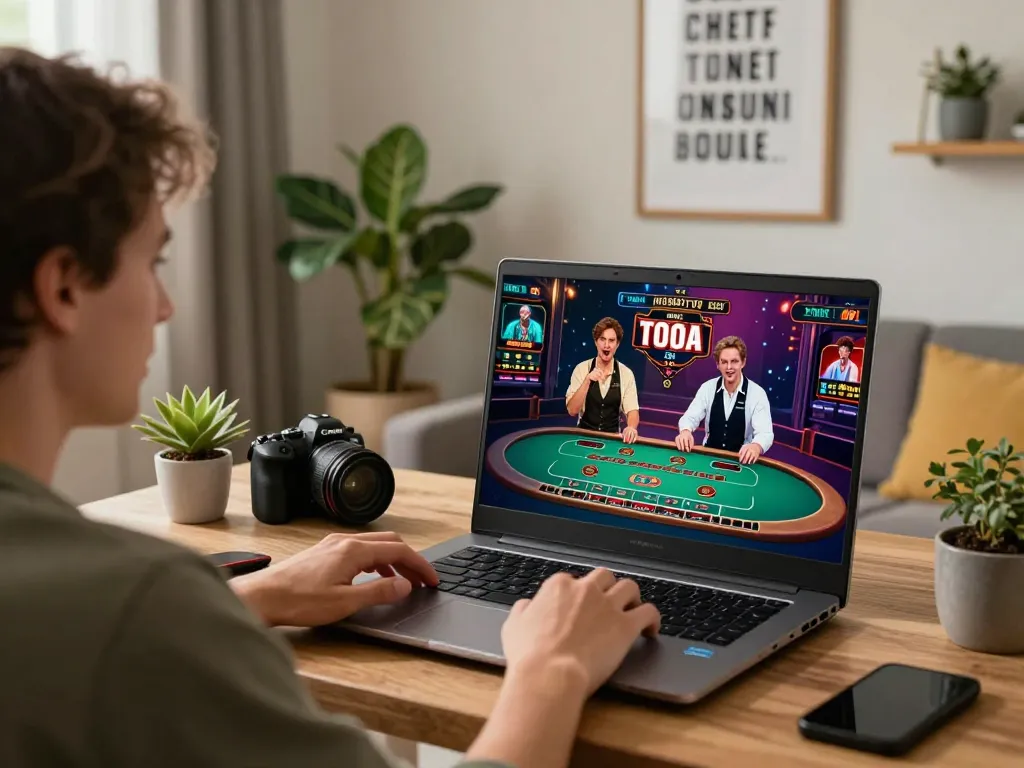 Go99 gaming: a player excitedly engaging with live dealer games on their laptop in a stylish home setting.