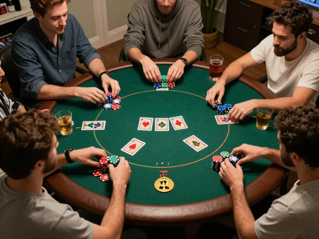 Pemain yang menikmati permainan Texas Hold'em yang mendebarkan di rumah, menampilkan suasana menarik dari server thailand.