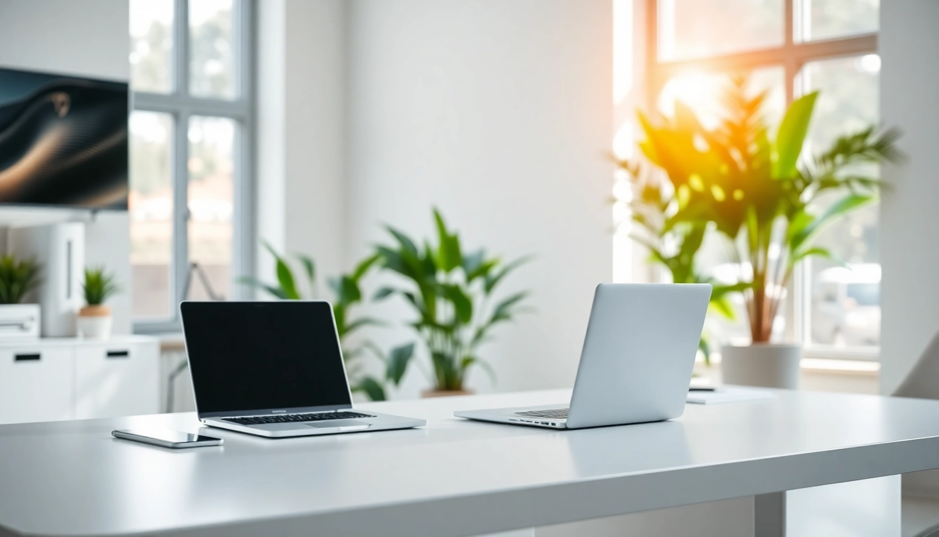 Auf https://alvionz.de/ finden Sie einen modernen Arbeitsplatz mit klaren Linien und grünen Akzenten.