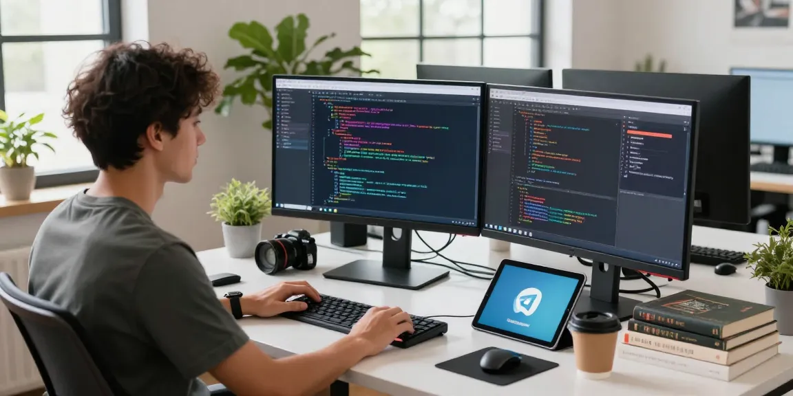 Focused developer coding on dual monitors in a modern workspace, showcasing Telegram functionalities effectively for 纸飞机中文版.