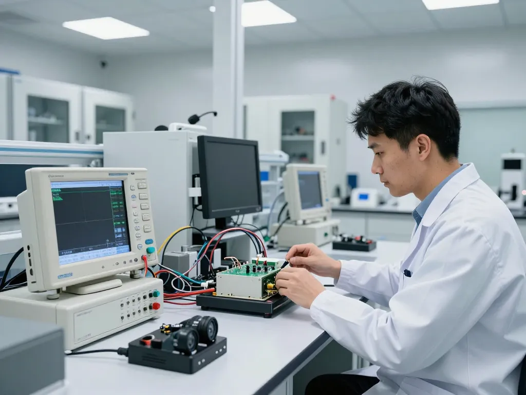 Engineer performing EMI Testing in a high-tech laboratory with precision instruments and equipment.