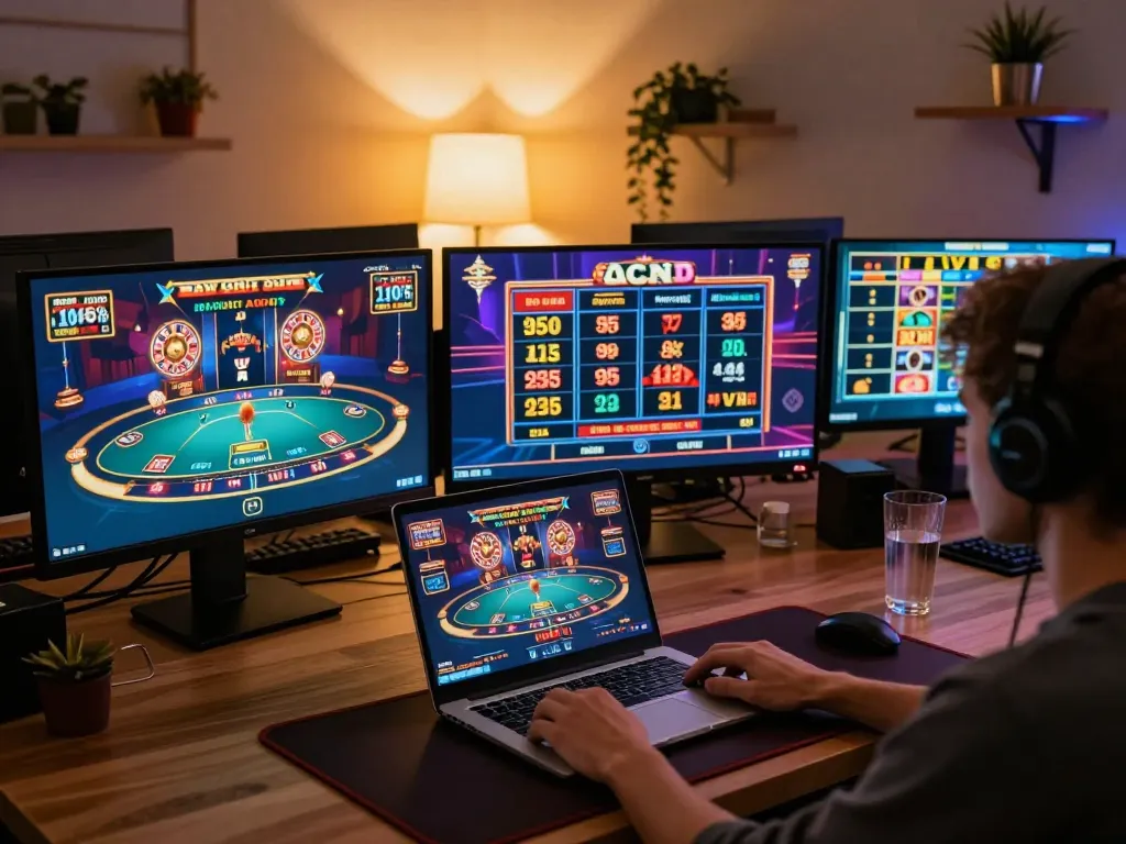 Engaging in online gaming with 789win, featuring multiple casino games displayed on laptop screens in a cozy home setup.