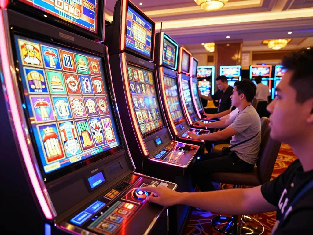 Pemain Bintangmpo merayakan kemenangan di mesin slot yang berwarna-warni, menangkap momen permainan yang mendebarkan