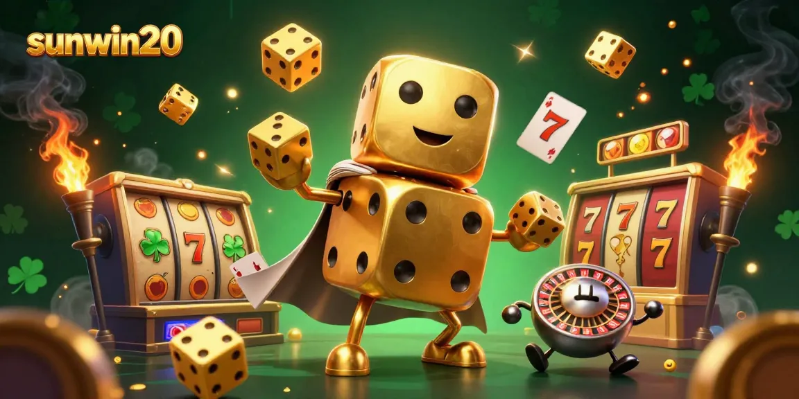 Winning at sunwin20 with a majestic golden dice golem juggling winning symbols in a vibrant casino