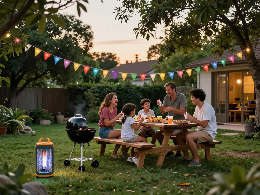 Family enjoying outdoor barbecue while using Best Mosquito Repellent in a festive backyard setting.