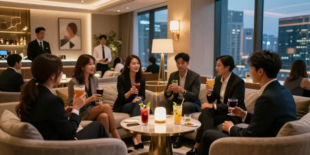 강남 타이밍의 고급스럽고 쾌적한 분위기에서 즐기는 고객들, 세련된 인테리어와 조명.