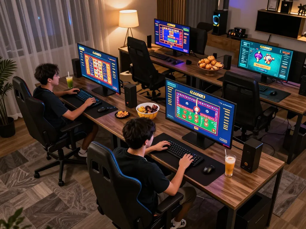 Engaging gameplay on LUCK8 platform, showcasing lively online gaming setup with screens and snacks.
