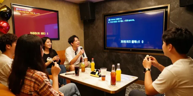 강남도파민에서 친구들과 함께 즐거운 시간을 보내는 프라이빗 노래방 모습