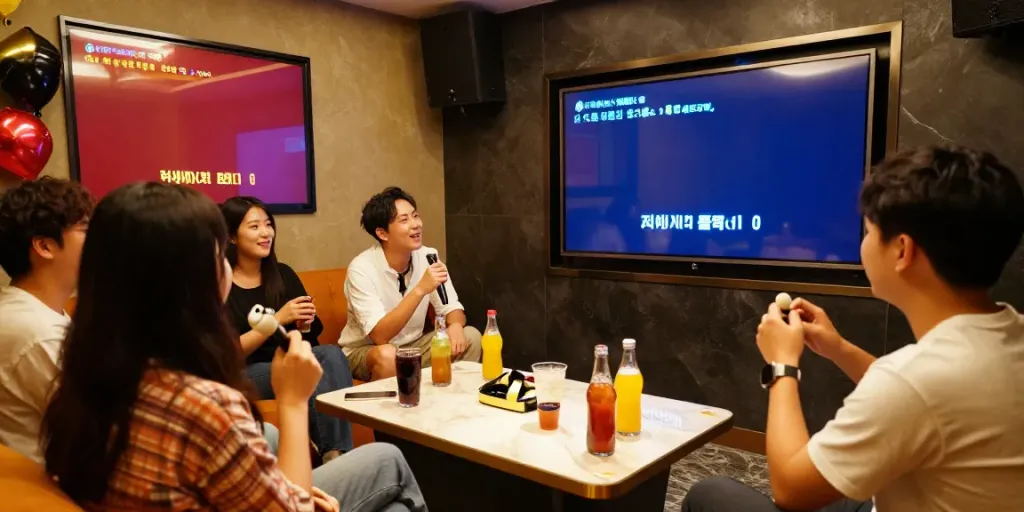 강남도파민에서 친구들과 함께 즐거운 시간을 보내는 프라이빗 노래방 모습