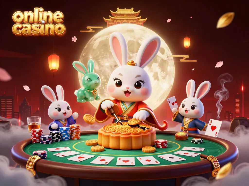 Engaging online casino digital scene depicting a moon rabbit character surrounded by poker elements.