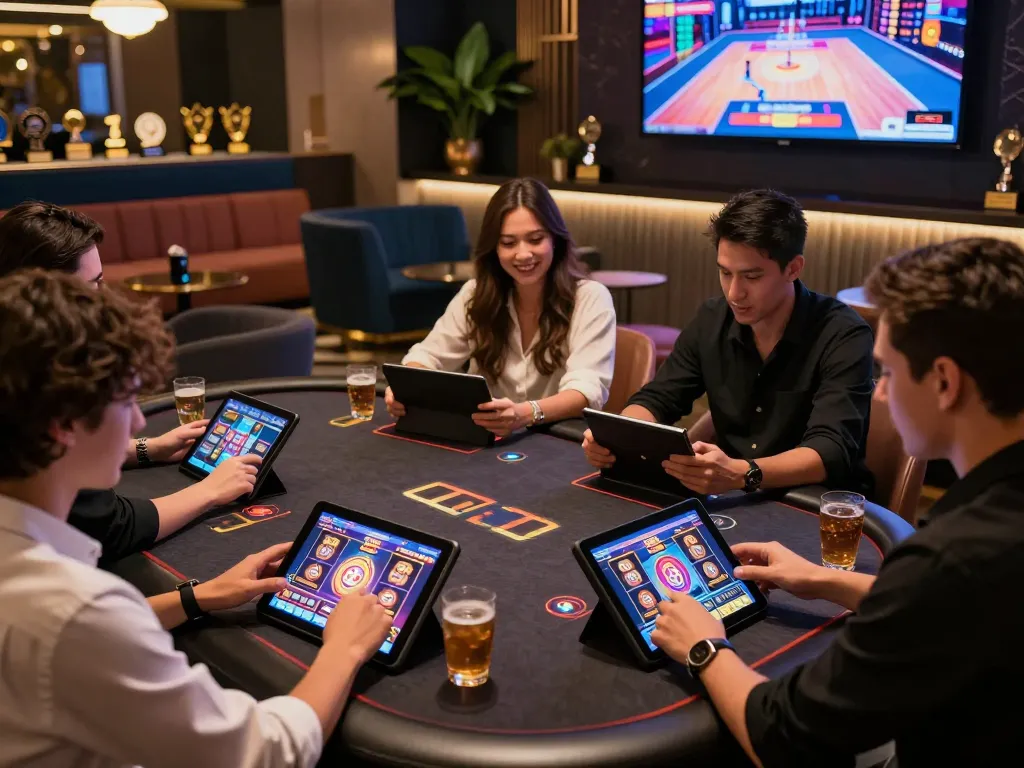 Players enjoying engaging slot games at PH33, showcasing a lively online gaming atmosphere with tablets and friends.