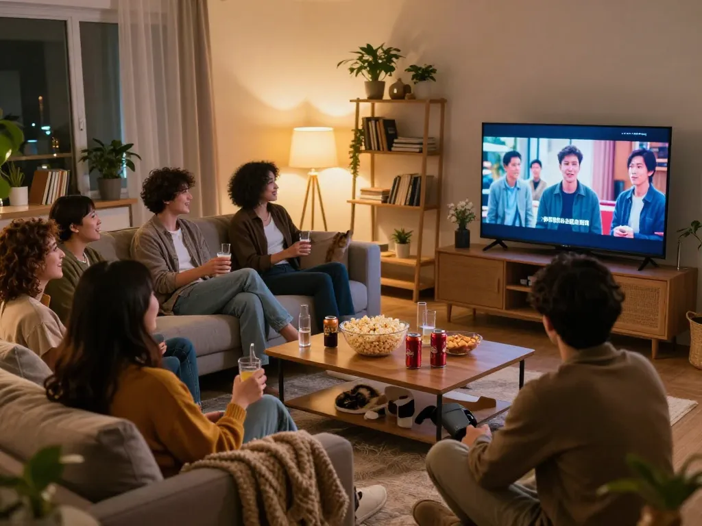 Binge Guide gathering in a cozy living room with friends enjoying snacks and watching TV.