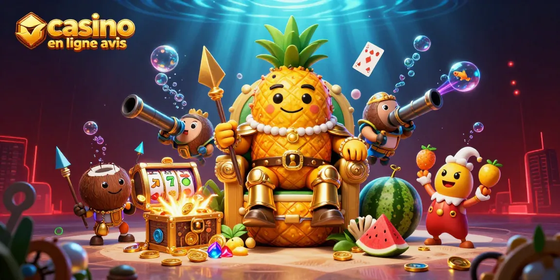 Découvrez des jeux au casino en ligne avis, avec un roi ananas royal et des éléments de casino animés.