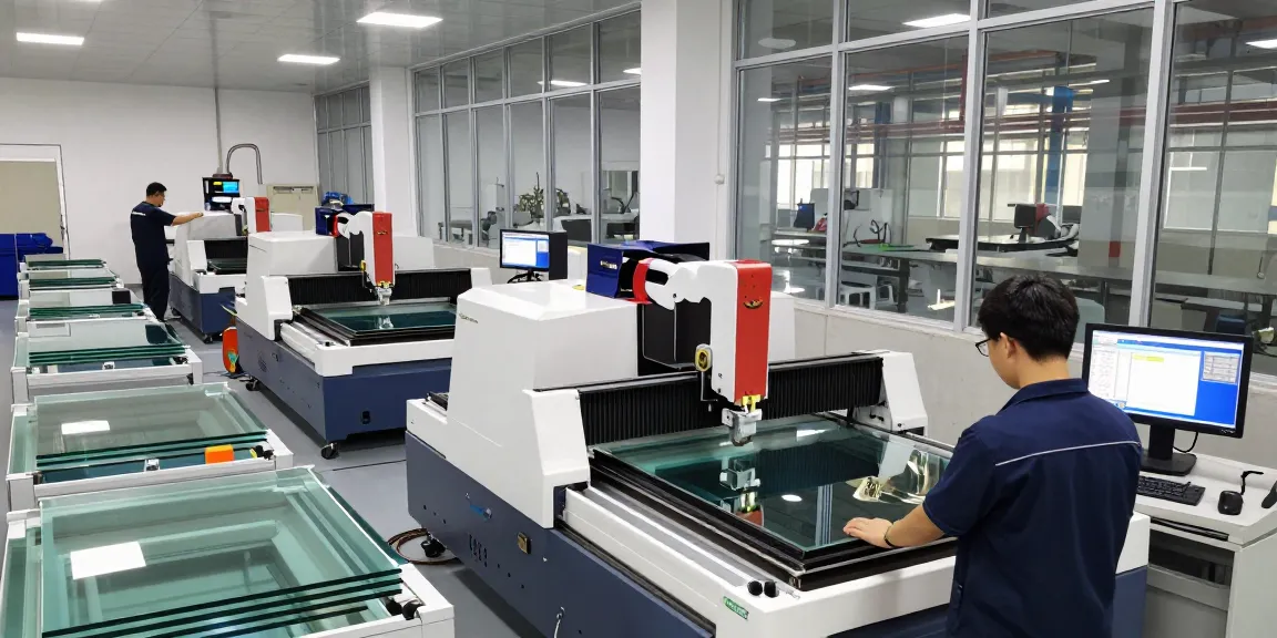 CNC glass cutting machine in action with technicians managing automatic glass processing and loading tables in a high-tech facility.