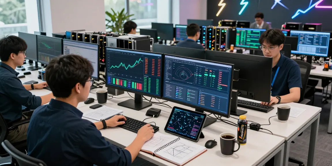 bitcoin mining company workspace with engineers analyzing blockchain performance data and mining statistics in a modern tech office.